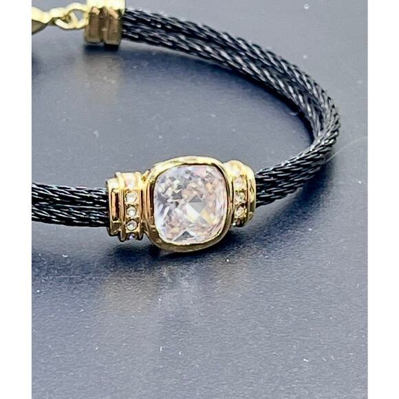 Black Stainless Steel Twisted Cable Bangle Sparkling Faceted  Cushion Cut CZ - Picture 3 of 8
